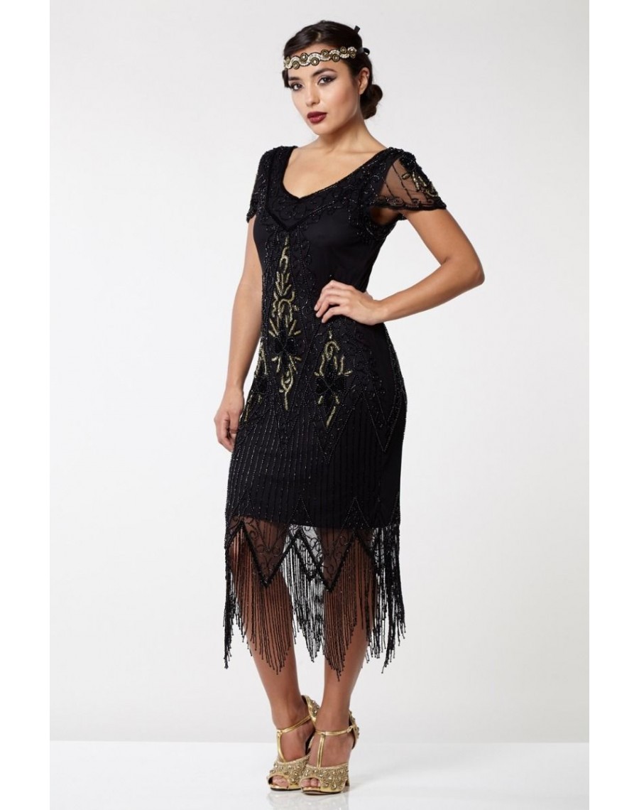 Gatsby 1920s Black And Gold Beaded Evening Dress